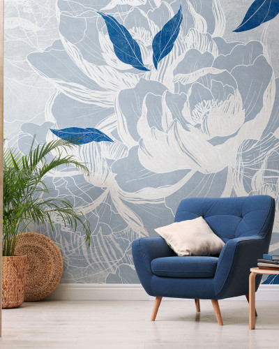 Haiku, Zaphyr, fototapet cu un design minimalist, flori albe pe fundal gri-albastru, frunze albastre
