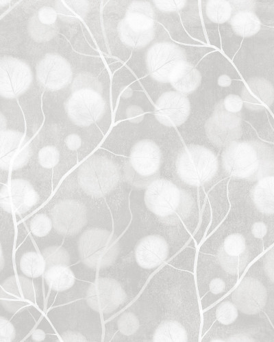 Wallpaper cu design minimalist, cu ramuri de copac și frunze delicate pe un fundal gri deschis.