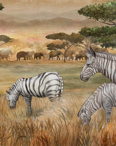 Tapet Savana cu zebre si elefanti intr-un decor pictural.