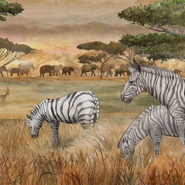 Tapet Savana cu zebre si elefanti intr-un decor pictural.