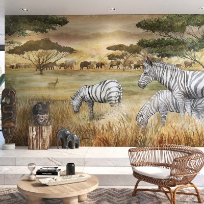 Tapet Savana cu zebre si elefanti intr-un decor pictural.