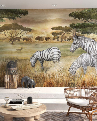 Tapet Savana cu zebre si elefanti intr-un decor pictural.