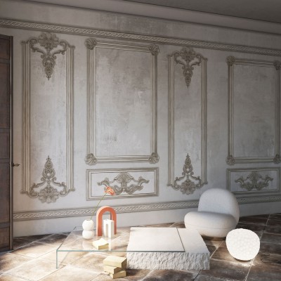 Tapet Noblesse White cu design clasic, decoratiuni ornamentale si finisaj texturat.