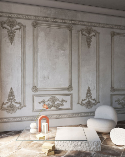 Tapet Noblesse White cu design clasic, decoratiuni ornamentale si finisaj texturat.