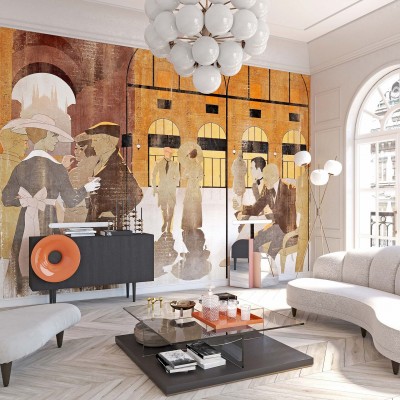 Tapet cu design vintage elegant, reprezentand personaje si cladiri vechi, ideal pentru living, dormitor sau hol.