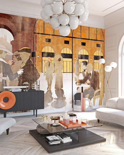 Tapet cu design vintage elegant, reprezentand personaje si cladiri vechi, ideal pentru living, dormitor sau hol.