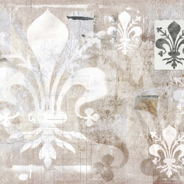 Wallpaper cu aspect vintage cu flori de lis pe fond de beton. Imaginea prezintă un interior modern cu mobilier din lemn și canapele din piele.