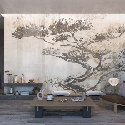 Tapet cu design modern minimalist, cu un copac in stil oriental.