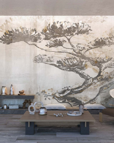 Tapet cu design modern minimalist, cu un copac in stil oriental.