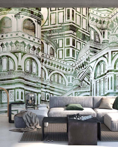 Tapet cu design abstract inspirat din Duomo din Florența, în nuanțe de verde.