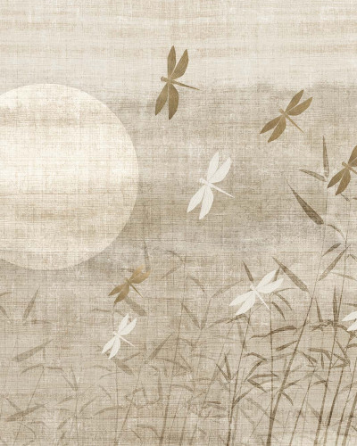 Tapet cu design japonez minimalist cu libelule si bambus