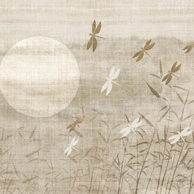 Tapet cu design japonez minimalist cu libelule si bambus