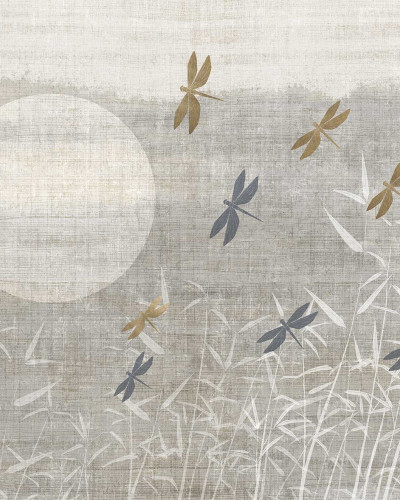 Tapet cu design minimalist, cu libelule delicate si o luna plina in fundal