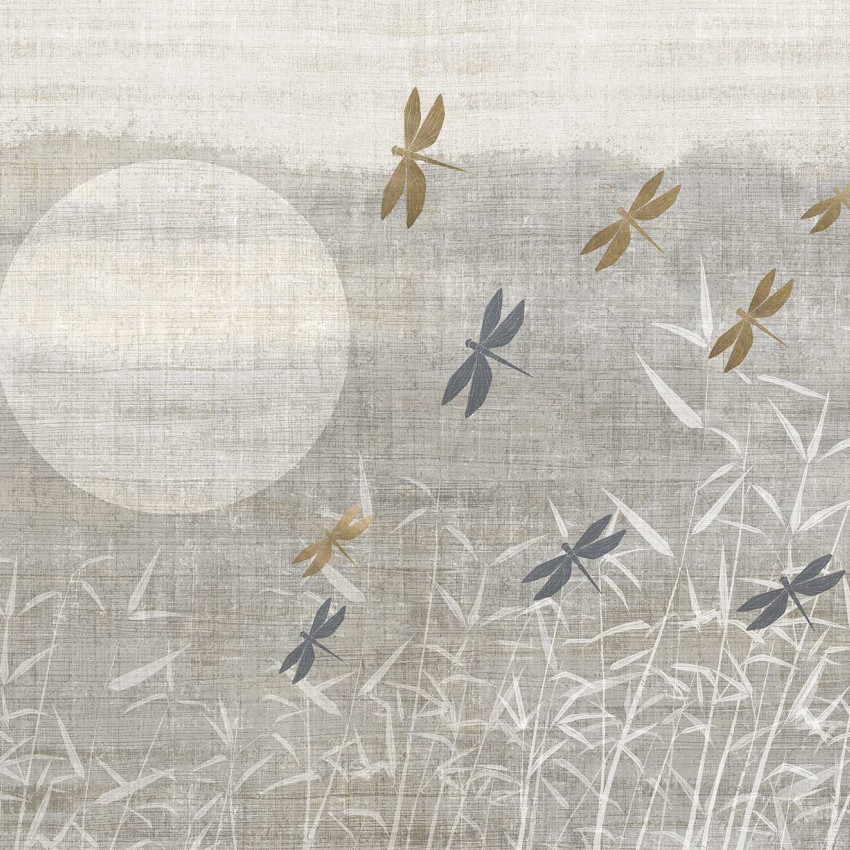 Tapet cu design minimalist, cu libelule delicate si o luna plina in fundal