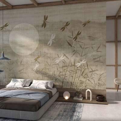 Tapet cu design japonez minimalist cu libelule si bambus