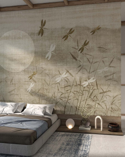 Tapet cu design japonez minimalist cu libelule si bambus