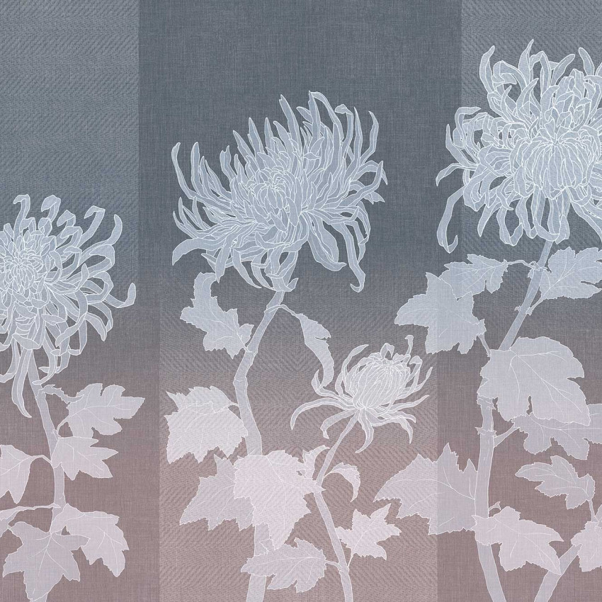 Tapet floral minimalist, Kiku, Crystal, cu flori albe delicate pe un fond de gri deschis.