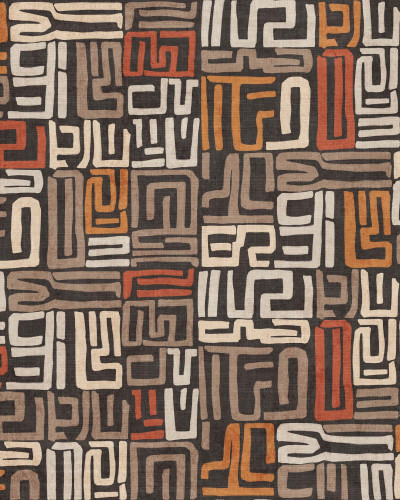 Tapet cu model abstract în tonuri de negru, roșu, maro și bej, inspirat din tradițiile africane.