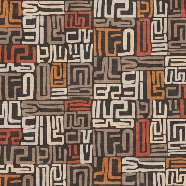 Tapet cu model abstract în tonuri de negru, roșu, maro și bej, inspirat din tradițiile africane.