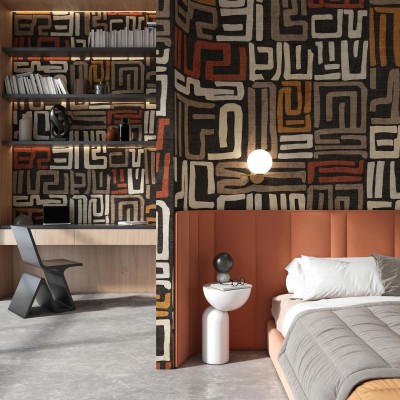 Tapet cu model abstract în tonuri de negru, roșu, maro și bej, inspirat din tradițiile africane.