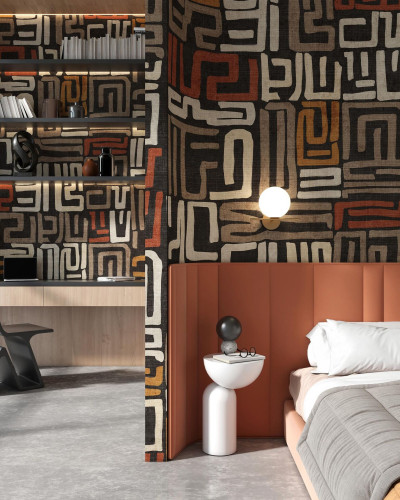 Tapet cu model abstract în tonuri de negru, roșu, maro și bej, inspirat din tradițiile africane.