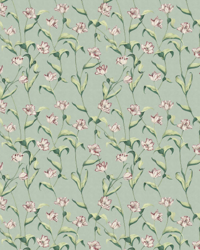 Tapet floral cu lalele, model delicat, tonuri de verde și roz pal.