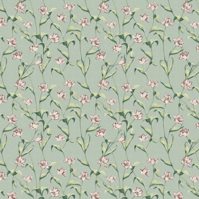 Tapet floral cu lalele, model delicat, tonuri de verde și roz pal.