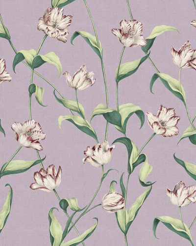Tapet floral cu tulipane albe cu dungi de visiniu pe fond lavandă