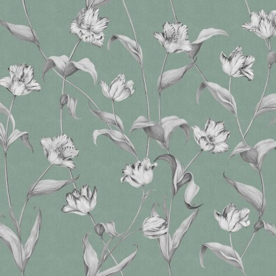 Wallpaper cu flori de lalea alb-negru pe un fundal verde deschis