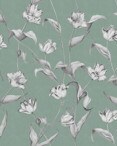 Wallpaper cu flori de lalea alb-negru pe un fundal verde deschis