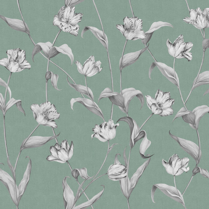 Wallpaper cu flori de lalea alb-negru pe un fundal verde deschis