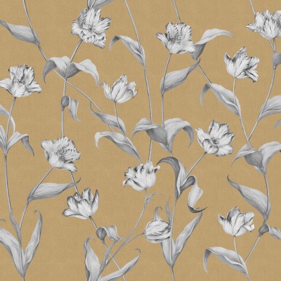 Tapet floral Cordelia Ochre cu tulipe desenate pe un fundal auriu