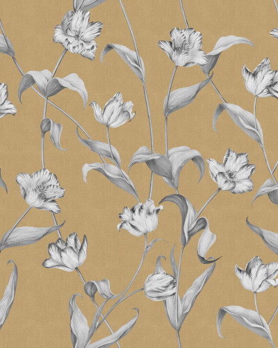 Tapet floral Cordelia Ochre cu tulipe desenate pe un fundal auriu