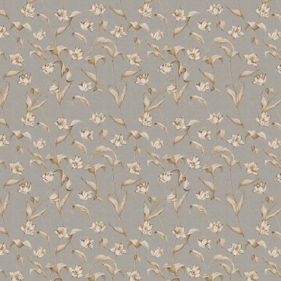 Tapet floral Cordelia Powder Small, cu flori delicate in tonuri de bej si gri, pe un fond gri.