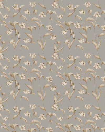 Tapet floral Cordelia Powder Small, cu flori delicate in tonuri de bej si gri, pe un fond gri.
