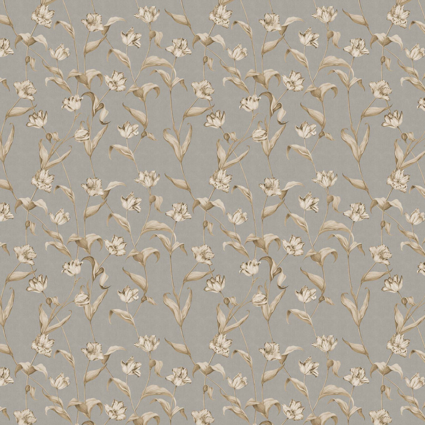 Tapet floral Cordelia Powder Small, cu flori delicate in tonuri de bej si gri, pe un fond gri.