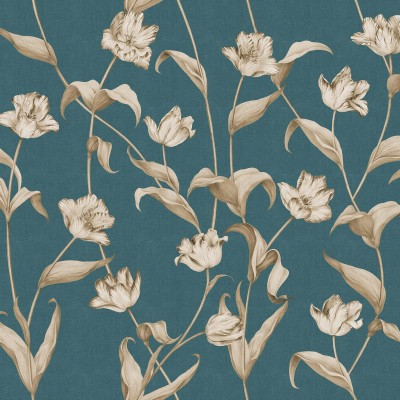 Tapet floral cu flori de tulipane beige, pe fundal turcoaz