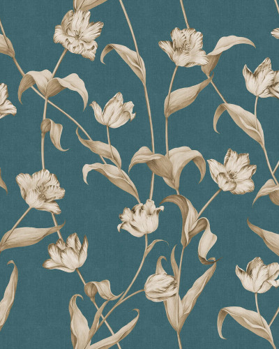Tapet floral cu flori de tulipane beige, pe fundal turcoaz