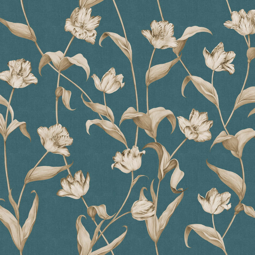 Tapet floral cu flori de tulipane beige, pe fundal turcoaz