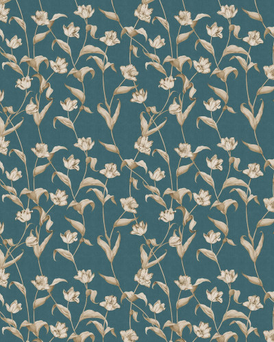 Tapet floral Cordelia Tropical Small cu flori albe pe fond turcoaz