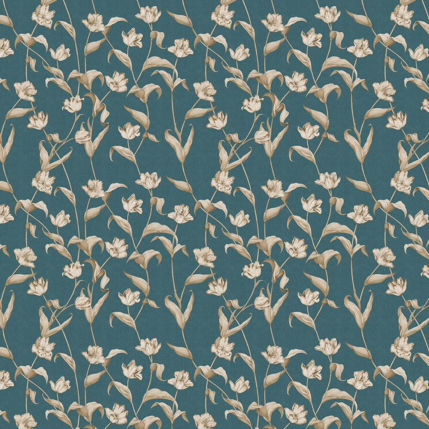 Tapet floral Cordelia Tropical Small cu flori albe pe fond turcoaz