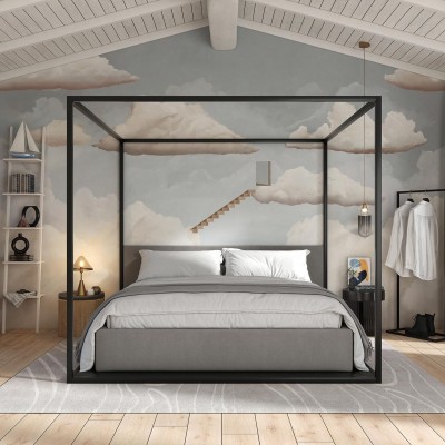 Imagine de fundal cu nori pufoși și scări care duc spre un nou început, perfectă pentru a crea o atmosferă calmă și relaxantă în dormitorul dumneavoastră.