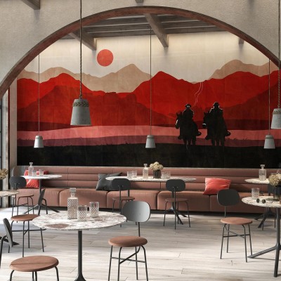 Tapet modern cu design abstract cu doi călăreți pe un fond roșu.