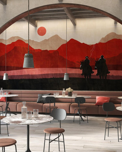 Tapet modern cu design abstract cu doi călăreți pe un fond roșu.