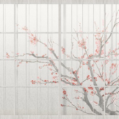 Tapet cu flori de cires si design japonez, pe un fundal alb