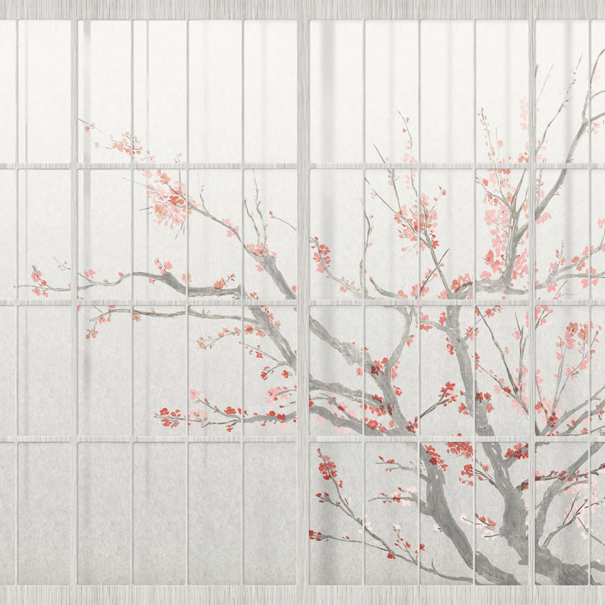 Tapet cu flori de cires si design japonez, pe un fundal alb