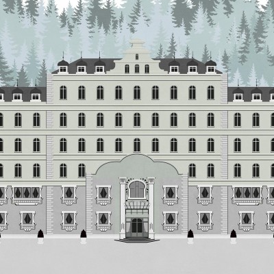 Tapet cu design clasic Gustave, Grey, ilustrează un castel european impunător, situat în mijlocul unei păduri.