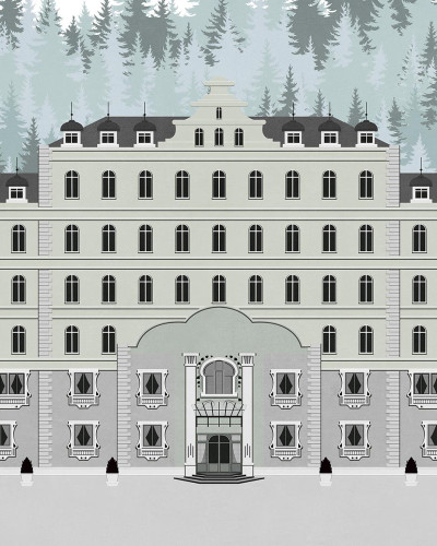 Tapet cu design clasic Gustave, Grey, ilustrează un castel european impunător, situat în mijlocul unei păduri.