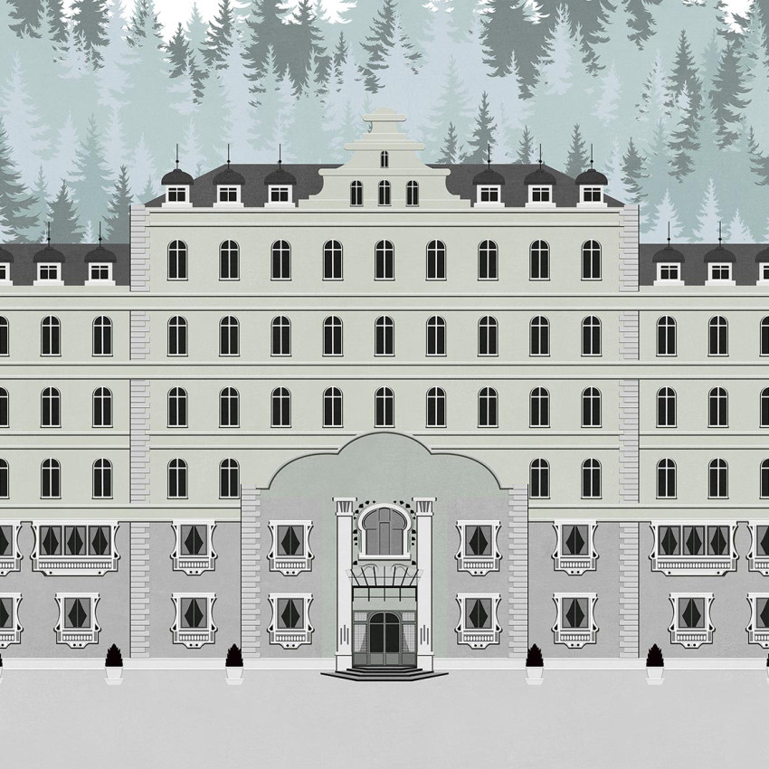 Tapet cu design clasic Gustave, Grey, ilustrează un castel european impunător, situat în mijlocul unei păduri.