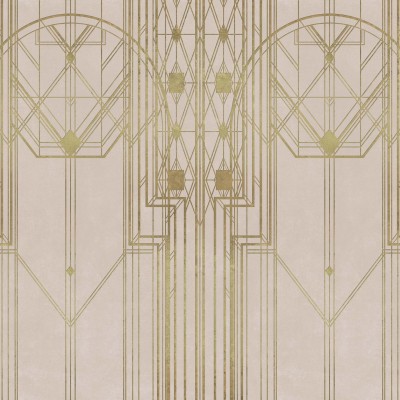 Tapet geometric cu linii fine aurii pe un fundal bej.